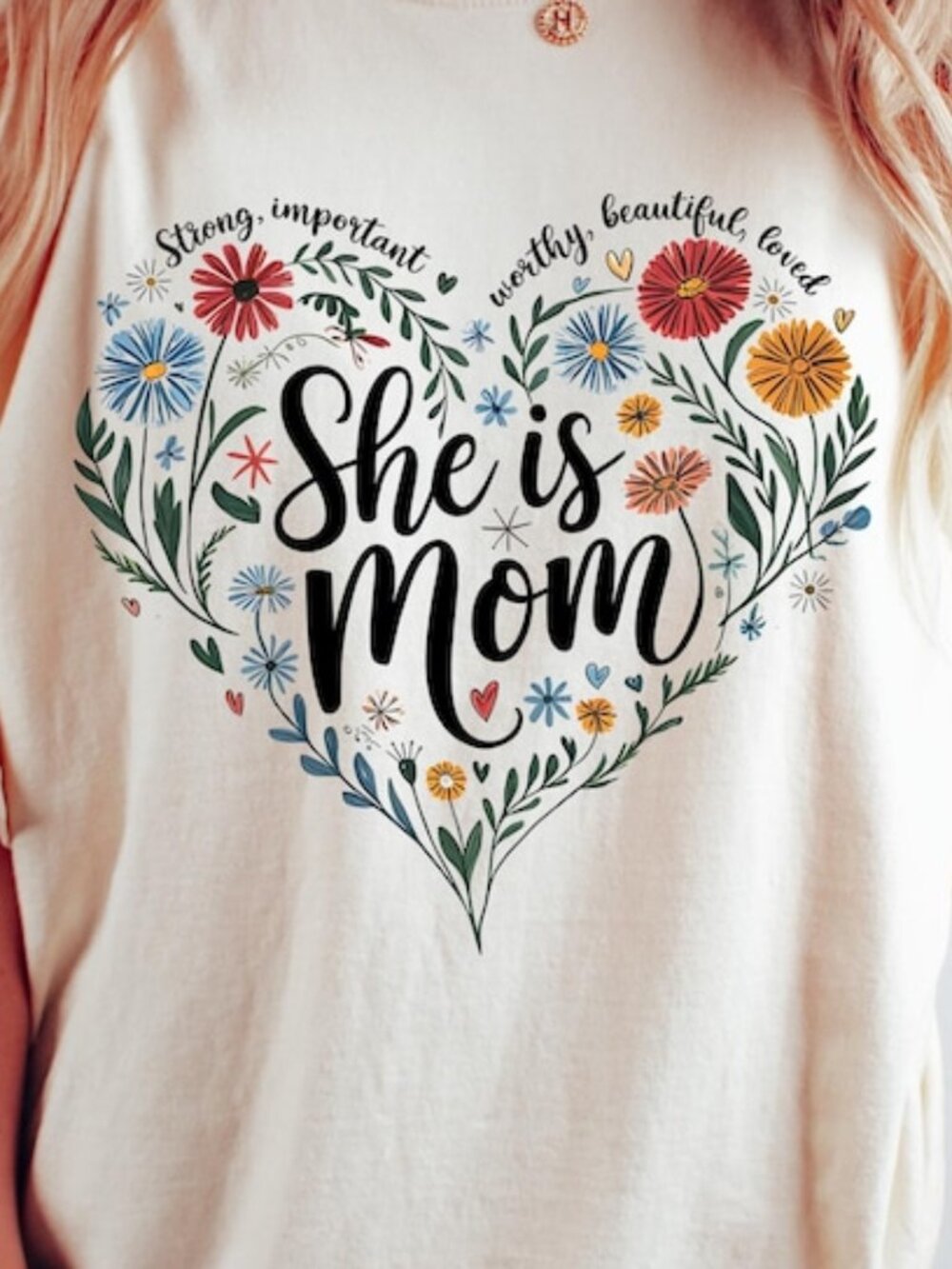 She Is Mom Heart Floral Design T-Shirt, Mother's Day Tee - Picture 2 of 4